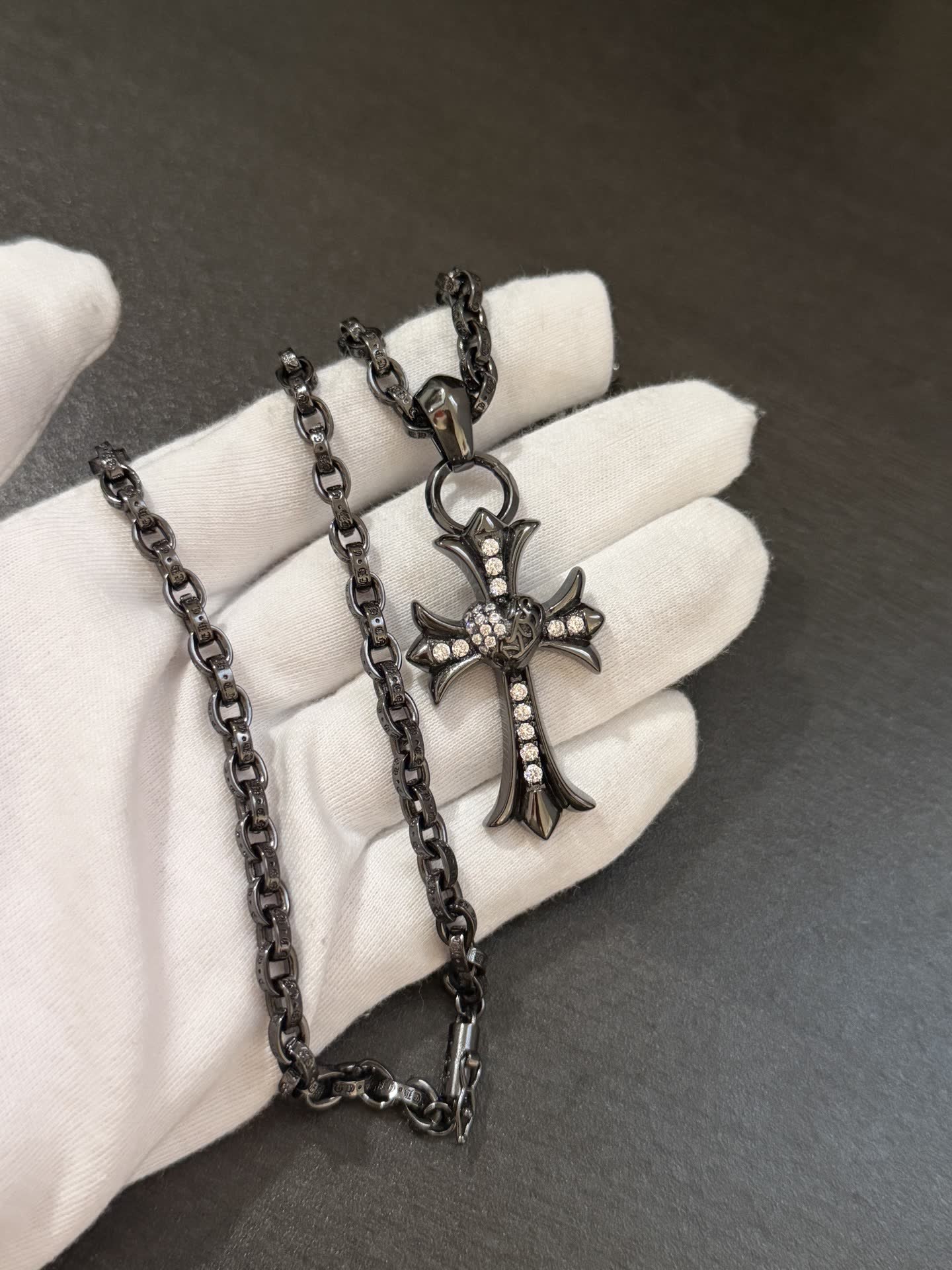 Chrome Hearts Black Rhinestone Cross Pendant Necklace